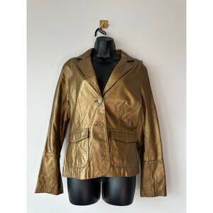 Vintage Y2K Cabi Metallic Gold Leather Blazer Jacket Womens M Glam